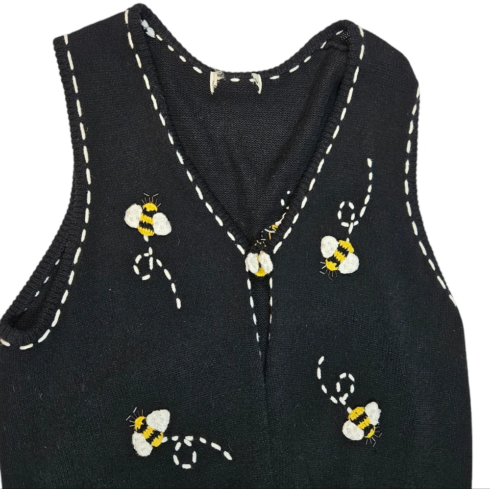 Vintage 90s Bumblebee Daisy Knit Vest Sz XL ? 3D Beaded Boho Grannycore Cottage - Picture 11 of 16